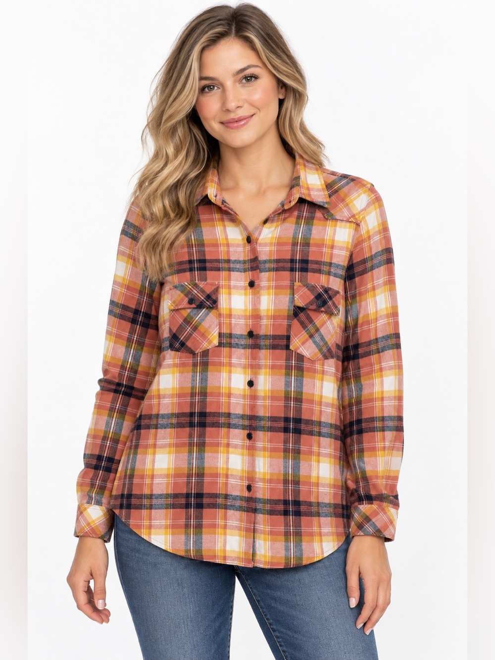 Matchstick Women’s Plaid Roll Tab Button Up Shirt Orange Multi XL